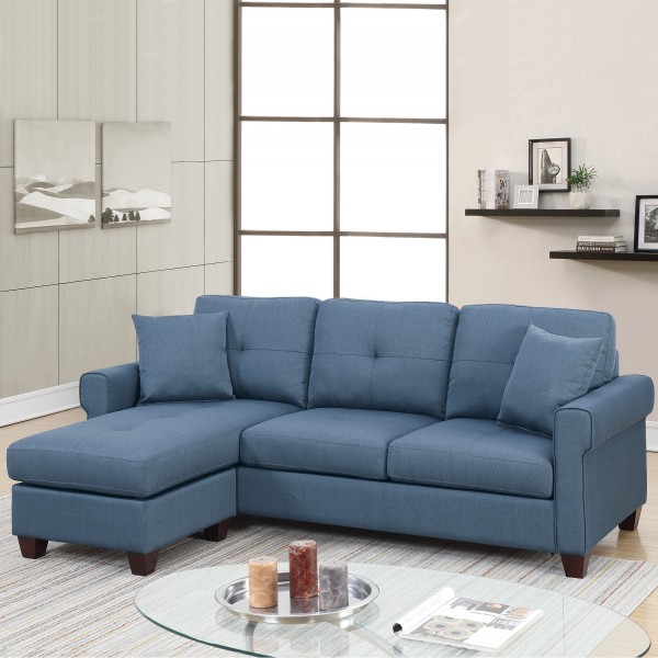 Blue Color Glossy Polyfiber Tufted Cushion Couch Sectional Sofa Chaise Living Room Furniture Reversible Sectionals Chaise