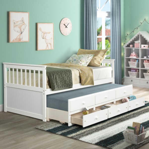 Captain's Bed Twin Daybed with Trundle Bed and Storage Drawers, White 