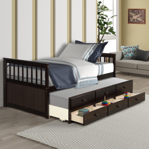 Captain's Bed Twin Daybed with Trundle Bed and Storage Drawers, Espresso 