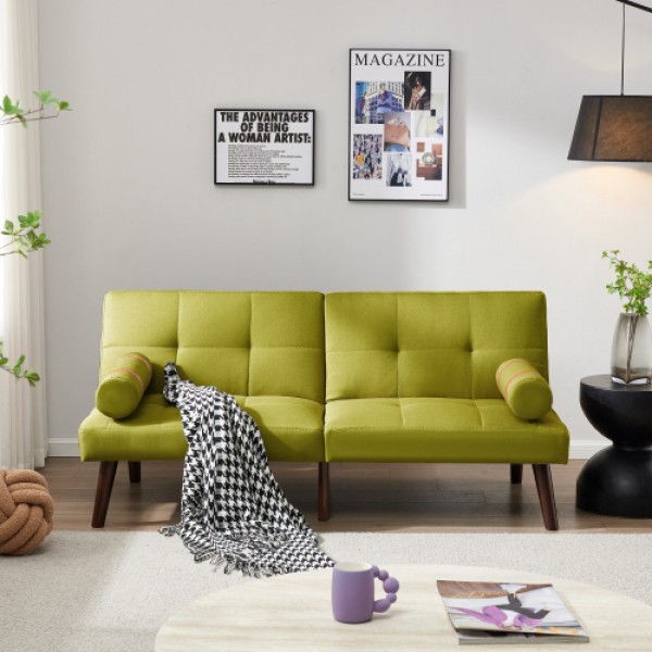 Convertible Sofa Bed Futon with Solid Wood Legs Linen Fabric Musterd Green 