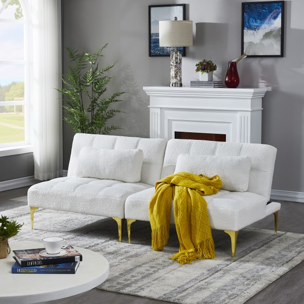 Convertible sofa bed futon with gold metal legs teddy fabric (White) 