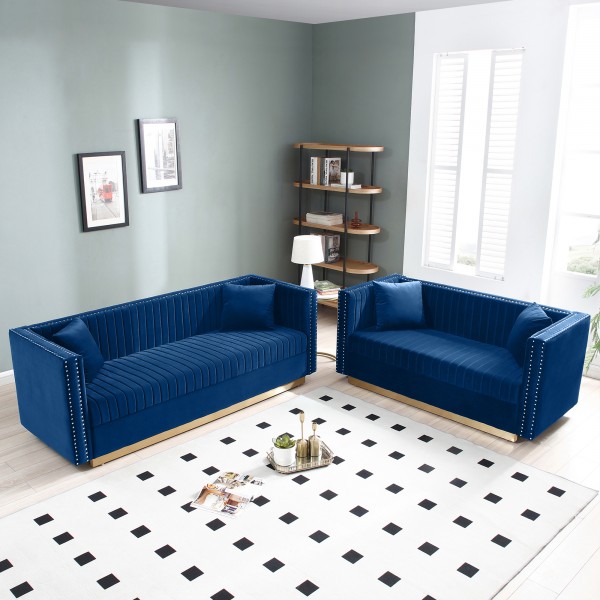 Contemporary Vertical Channel Tufted Velvet Sofa Loveseat Set Modern Upholstered 2pcs set Couch for Living Room Apartment with 4pillows,Blue 