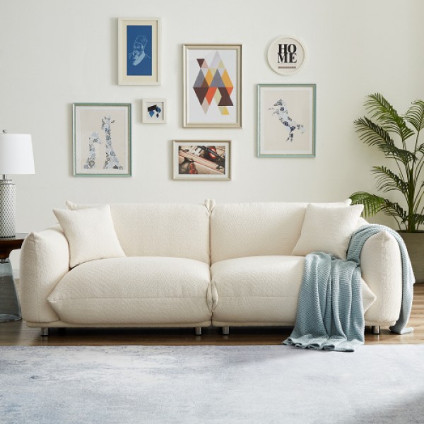 87'' Oversized Loveseat Sofa for Living Room, Sherpa Sofa with Metal Legs, 3 Seater Sofa, Solid Wood Frame Couch with 2 Pillows, for Apartment Office Living Room - White 