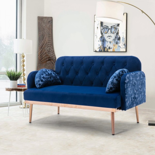 COOLMORE Modern Velvet Loveseat Sofa , Comfy Upholstered 2-Seater Sofa with Gold Metal Legs, Small Loveseat Accent Couch for Living Bedroom Leisure Areas (Navy Velvet)